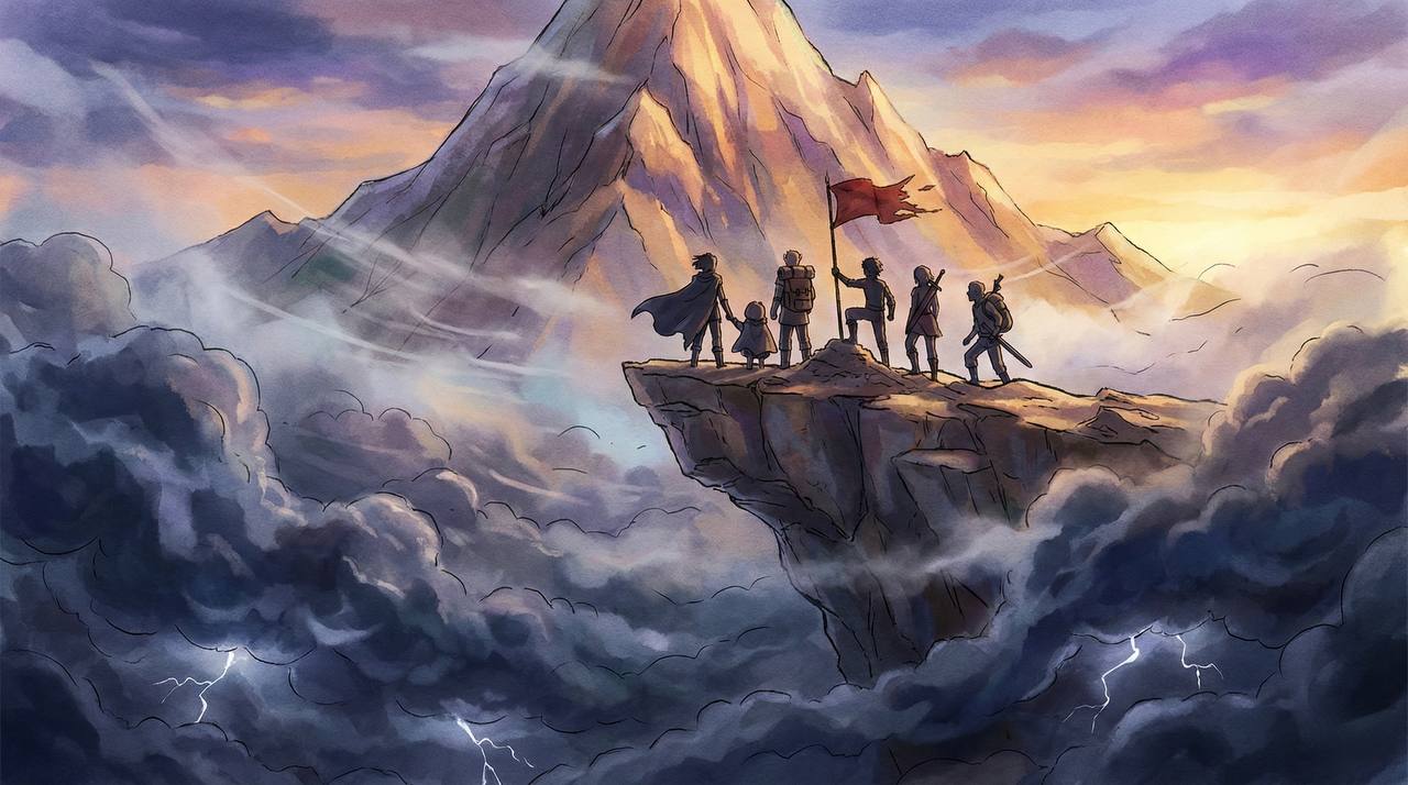 Party planting flag on summit above the clouds at sunrise